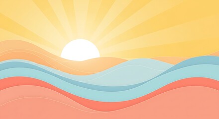 A vibrant summer beach landscape with orange sunset hues, sun, sea waves, and clouds, a perfect vector illustration for a nature-inspired design