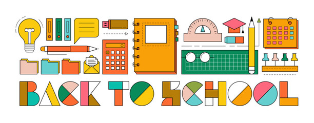 Back to school background with study supplies and office stationery. Geometric poster of education and work concept with icons of pen, pencil, book, notebook, calendar and folders, vector illustration