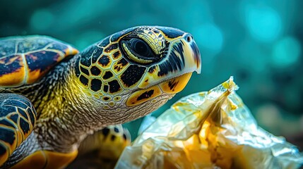 Sea turtle encounters plastic in ocean