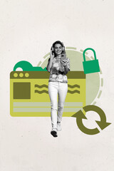 Banner sketch poster trend art collage image of happy girl guy it-specialist stand lock privacy...