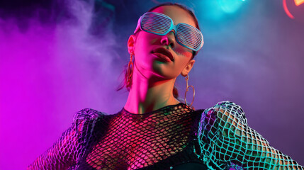 Stylish clubber with oversized striped glasses posing confidently in purple mist