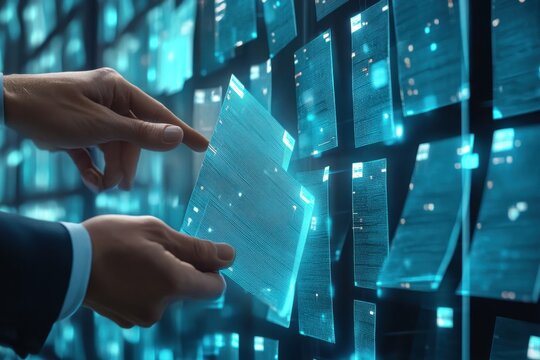 Exploring compliance and governance through advanced digital tools in a high-tech environment with glowing data panels