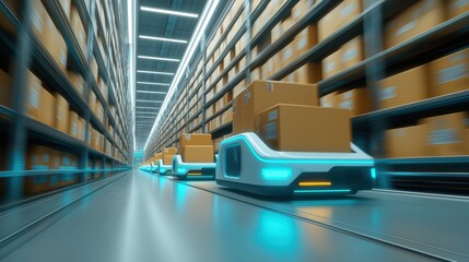 Futuristic automated robots swiftly transport packages through a vast, modern warehouse, illustrating the efficiency and advanced technology of automated logistics and supply chain management