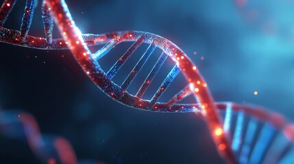 A vibrant 3D rendering of a DNA double helix, with glowing red and blue strands, symbolizing the intricate code of life, genetic research, and biotechnology