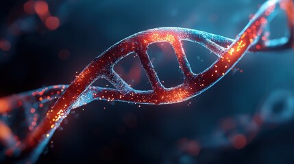 A vibrant 3D rendering of a DNA double helix, with glowing red and blue strands, symbolizing the intricate code of life, genetic research, and biotechnology