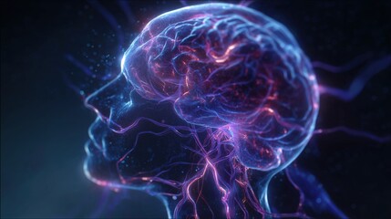 A stunning hyper-realistic 3D rendering reveals the intricate network of glowing neural pathways within the human brain and extending through the nervous system, thought and biological connectivity