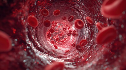 A stunning, highly detailed journey inside a blood vessel, showcasing the dynamic flow of red blood cells, a vivid representation of life's essential circulatory process