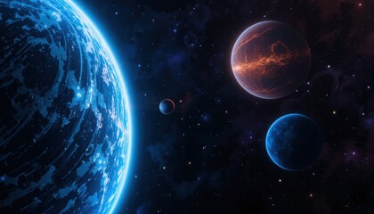 A stunning illustration of planets in a vast, starry galaxy with nebulae