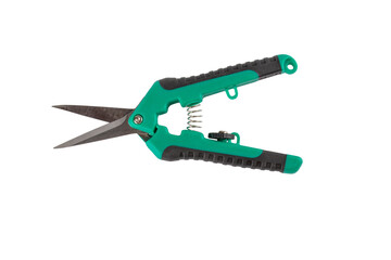 Scissors for metal cutting with rubber handles in green color isolated on transparent background