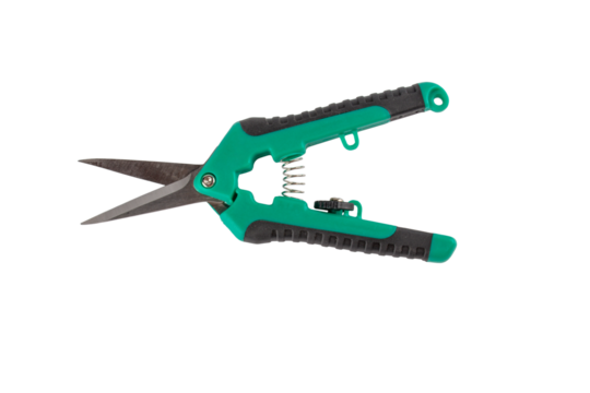 Scissors for metal cutting with rubber handles in green color isolated on transparent background