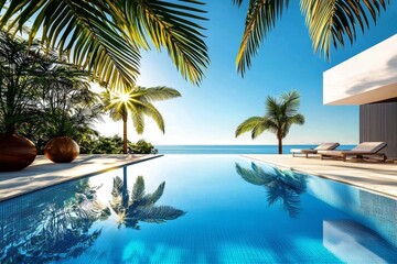 Fototapeta premium A vibrant summer tropical background featuring a refreshing swimming pool.