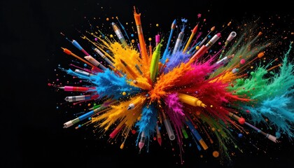 Creative explosion of colorful pens and paint splatters on a black background art