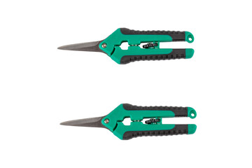 Scissors for metal cutting with rubber handles in green color isolated on transparent background