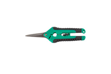 Scissors for metal cutting with rubber handles in green color isolated on transparent background