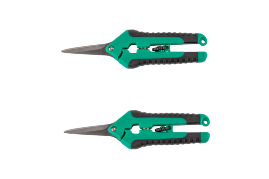 Scissors for metal cutting with rubber handles in green color isolated on transparent background
