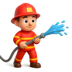 A Firefighter Child Hero Sprays Water from Hose on Black Transparent Background