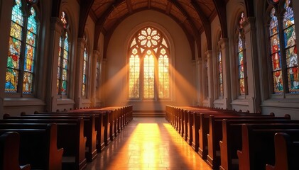 Fototapeta premium A peaceful church interior, sunlight streaming through stained-glass windows , aesthetic, shadow