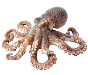 Closeup of an octopus with eight arms and suction cups isolated on transparent PNG