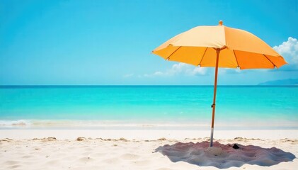 Fototapeta premium Beach umbrella casting shade on sand, turquoise water, sunshine, day, sea