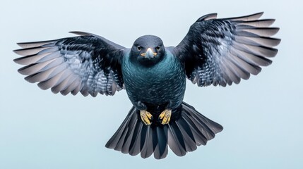 Naklejka premium A fierce-looking bird of prey with outstretched wings in mid-flight against a light background