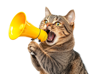 Tabby cat holding yellow megaphone isolated on transparent PNG