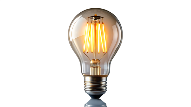 Glowing led filament light bulb isolated on transparent background isolated on white background