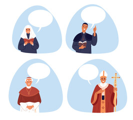 Priests and ministers of church with empty speech bubbles. Christianity sermon. Religious speakers. Christian worship. Bishop speaking. Communication with prayers. Vector clergymen set