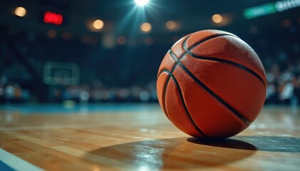 Close-up basketball on court, net in background, sports, close up, court