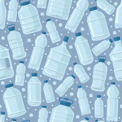 Plastic clear water bottles seamless pattern. Containers for drinking liquid. Refreshing beverage. Bottled aqua. Repeated print. Closed package shapes. H2O hydration. Vector background