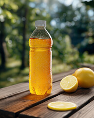 Plastic bottle mockup for iced tea, condensation effect, on picnic table with lemon slices