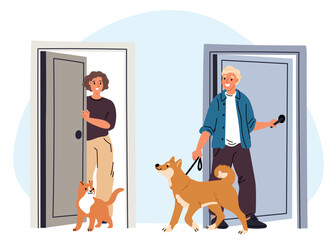 Man with dog meets neighbor woman with cat. People talking at apartments doorways. House entrances. Pet owners. Home doors. Neighborhood communication. Domestic animals. Vector concept
