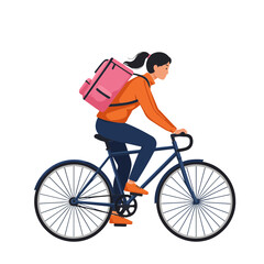 Obraz premium Girl with pink box on a bicycle carrying pizza, , isolated transparent background