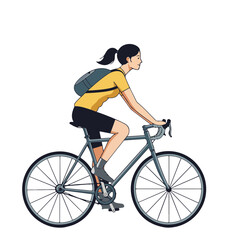 Girl in shorts and a T-shirt and with a backpack rides a bicycle, isolated transparent background
