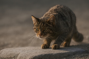 Obraz premium Gato atigrado agazapado acechando sobre piedra al atardecer