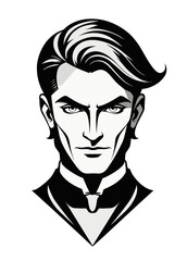 Man's face illustration, with medium length hair, sides tapered short, long in the front with a deep side part in the style of the 1920s.
