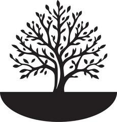 elegant tree silhouette with intricate branches and leaves enclosed in a semi-circular base on a white background