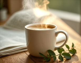 A steaming coffee mug on a wooden table, bathed in warm sunlight with a blurred, cozy background. Ideal for relaxation, morning routines, or comfort themes.