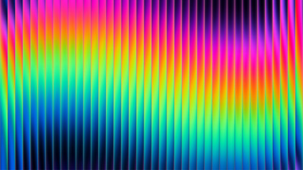 Futuristic ribbed texture with fractal glass effect and smooth fluted vertical lines of rainbow neon gradient. Bold and dynamic design blending bright colors and geometry visuals. Vector illustration