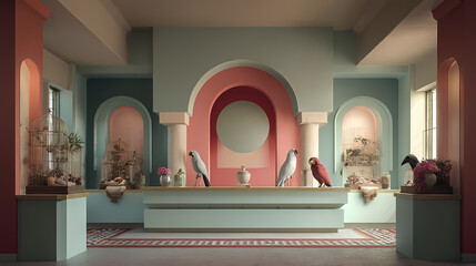 branding concept for boutique hotel | frozen time | bittersweet warmth | muted pastel tones | stage-like layout | taxidermy collection | architectural framing | color blocking | fictitious European