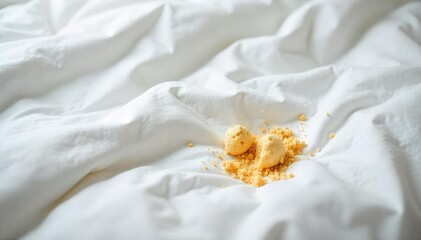 Crumbs and stains on a pristine white duvet cover, linen, breakfast