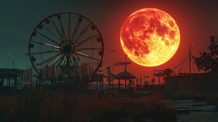 Eerie carnival under blood moon: haunting atmosphere and ominous vibes
