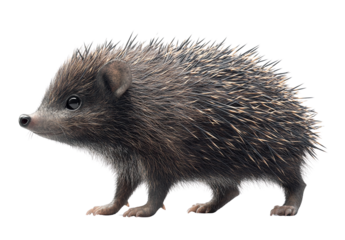 Young hedgehog profile view high resolution image isolated on transparent PNG