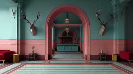 branding concept for boutique hotel | frozen time | bittersweet warmth | muted pastel tones | stage-like layout | taxidermy collection | architectural framing | color blocking | fictitious European