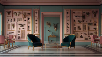 branding concept for boutique hotel | frozen time | bittersweet warmth | muted pastel tones | stage-like layout | taxidermy collection | architectural framing | color blocking | fictitious European