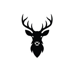 Elegant Black Silhouette of a Deer Head with Antlers on White Background