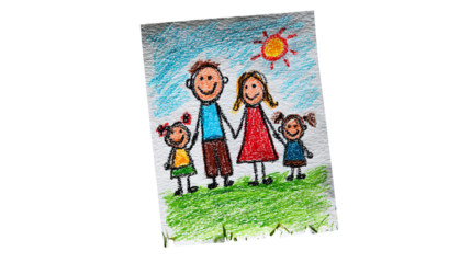 Child drawing of happy family with sun art illustration crayon sketch family fun togetherness 100