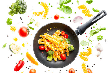 Isolated, transparent PNG: Vibrant pasta with fresh vegetables in a black pan, overhead shot, appetizing, healthy, and delicious.