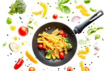 Isolated, transparent PNG: Vibrant pasta with fresh vegetables in a black pan, overhead shot, appetizing, healthy, and delicious.