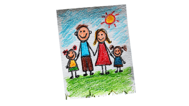 Child drawing of happy family with sun art illustration crayon sketch family fun togetherness 100