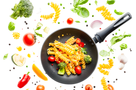 Isolated, transparent PNG: Vibrant pasta with fresh vegetables in a black pan, overhead shot, appetizing, healthy, and delicious.
